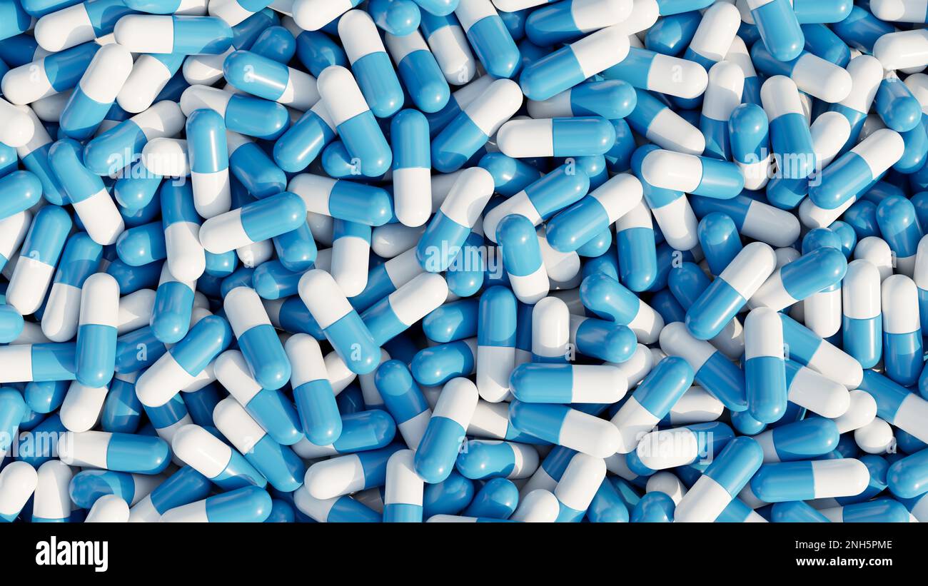 Pila di pillole sfondo, capsule di pillola in bianco e blu. capsule di farmaci o vitamine. Concetto medico. rappresentazione 3d, illustrazione 3d Foto Stock