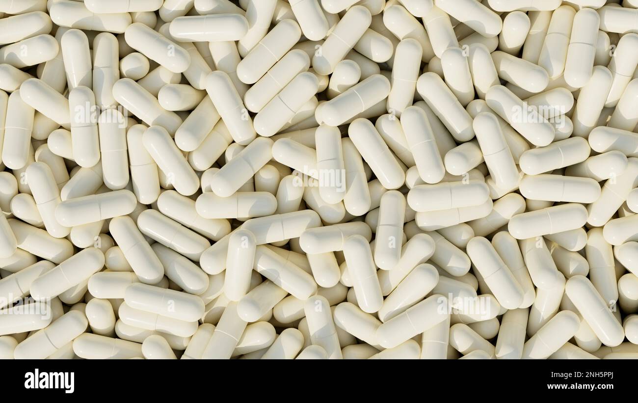Pila di pillole di sfondo, capsule di pillola di colore bianco. Supplemento o sfondo di pillole di vitamina. concetto di cura della salute e della farmacia. rappresentazione 3d, illustrazione 3d Foto Stock