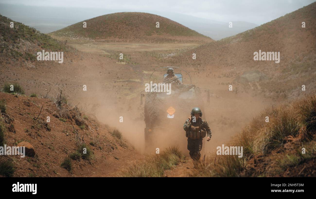 POHAKULOA FORMAZIONE AREA, Hawaii (18 luglio 2022) U.S. Marine Corps CPL. Juan del Haro, nativo di Austin, Texas, e cannoniere di artiglieria con 5th battaglione, 11th Marines, 1st Marine Division, guida un High Mobility Artillery Rocket System (HIMARS) alla Pōhakuloa Training Area, Hawaii, 18 luglio, durante Rim of the Pacific (RIMPAC) 2022. Ventisei nazioni, 38 navi, quattro sottomarini, più di 170 aerei e 25.000 persone partecipano a RIMPAC dal 29 giugno al 4 agosto nelle isole Hawaiane e nella California meridionale. Il più grande esercizio marittimo internazionale del mondo, RIMPAC Provid Foto Stock