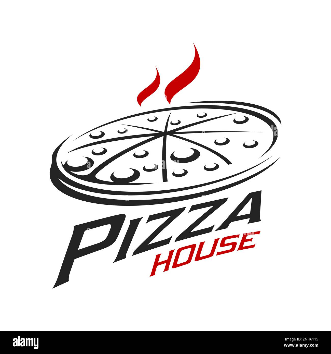 Icona o simbolo della pizza. Cucina italiana panetteria menu semplice segno, locale fast food ristorante piatto o pizzeria Street caffè pasto simbolo grafico vettore o e Illustrazione Vettoriale