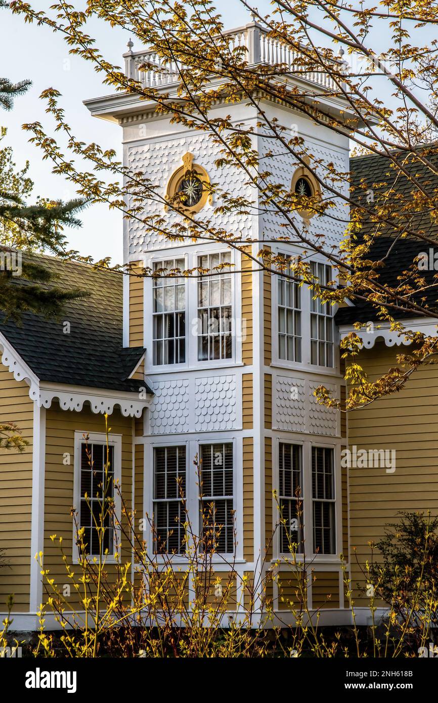 Vintage 1858 bella color oro con finitura bianca decorata torre di una casa con una vedova di passeggiata e cornici esterne modellate sul tetto. Foto Stock