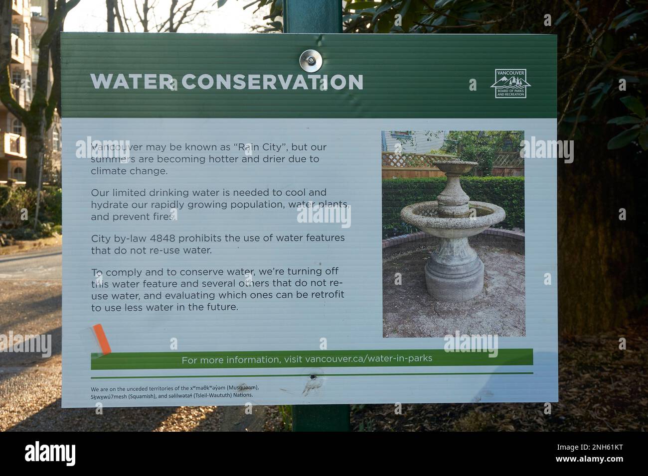 Un segno che promuove la conservazione dell'acqua a Vancouver, British Columbia, Canada Foto Stock