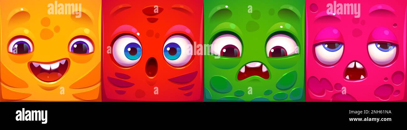 Imposta il volto del mostro quadrato per l'avatar del giocatore nel gioco. Fumetto emozione espressione su adesivi in vettore. Divertente collezione di personaggi alieni con risate felici, umore sconvolto o triste, sorpresa, bocca aperta Illustrazione Vettoriale