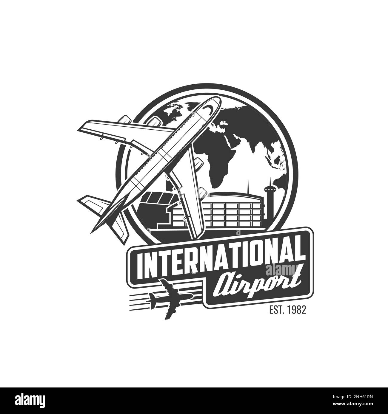 Icona dell'aeroporto con aereo di linea per passeggeri e edificio del terminal. Servizi aeroportuali delle compagnie aeree, emblema vettoriale monocromatico dei viaggi aerei, icona retrò con passeggero A. Illustrazione Vettoriale