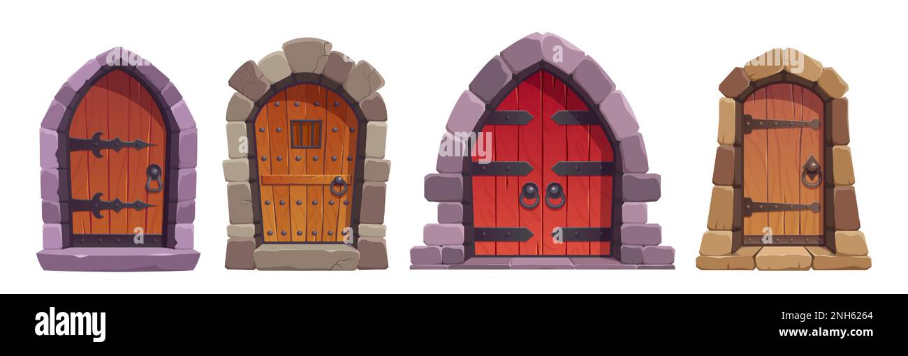 Set di prigione o castello chiuso porta per l'illustrazione del vettore di gioco. Collezione d'ingresso isolata Cartoon in pietra e legno. Antico bene per palazzo, porta esterna della chiesa. Costruzione di mattoni entrata Illustrazione Vettoriale