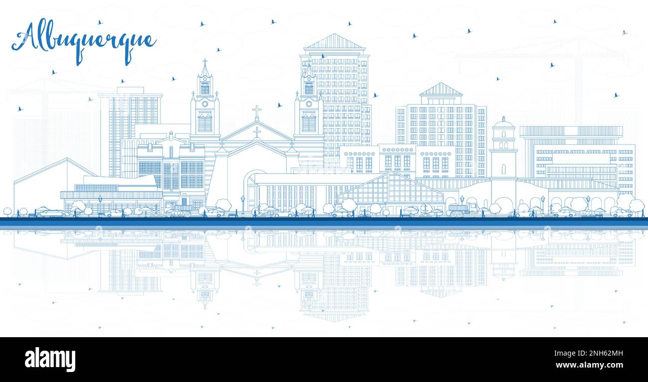 Delineate lo skyline di Albuquerque New Mexico City con edifici blu e riflessi. Illustrazione vettoriale. Albuquerque USA con luoghi di interesse. Illustrazione Vettoriale