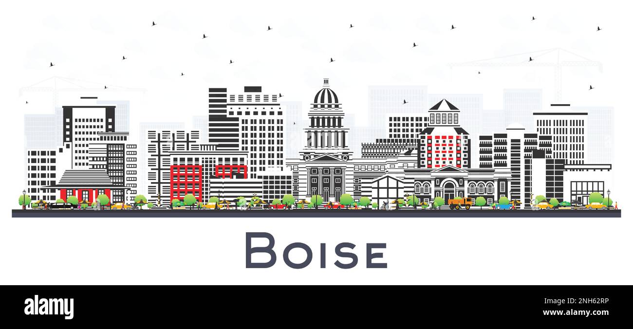 Boise Idaho City Skyline con edifici a colori isolati su White. Illustrazione vettoriale. Boise USA con i suoi punti di riferimento. Illustrazione Vettoriale