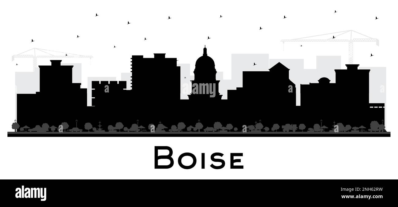 Silhouette dello skyline di Boise Idaho City con edifici neri isolati su White. Illustrazione vettoriale. Boise USA con i suoi punti di riferimento. Illustrazione Vettoriale