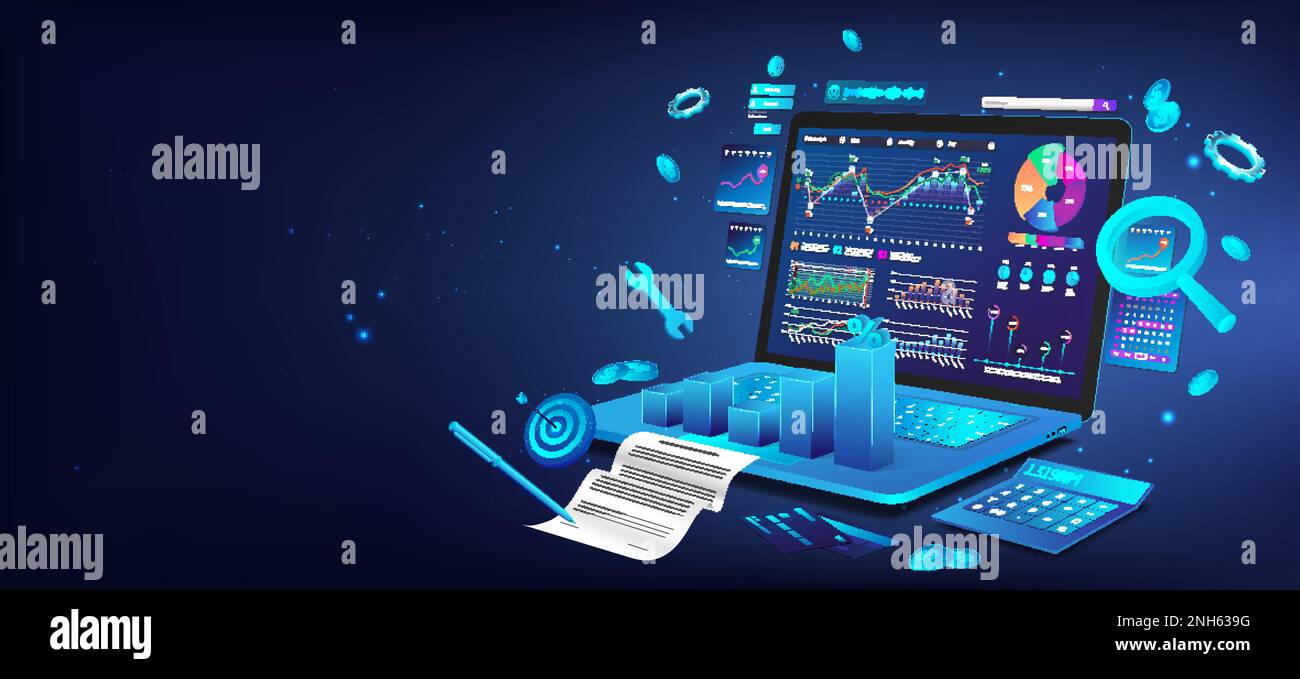 Dashboard di gestione finanziaria aziendale su notebook 3D Illustrazione Vettoriale