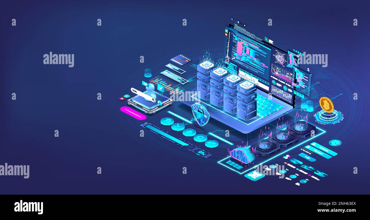 Server remoto con un supercomputer nel laptop Illustrazione Vettoriale