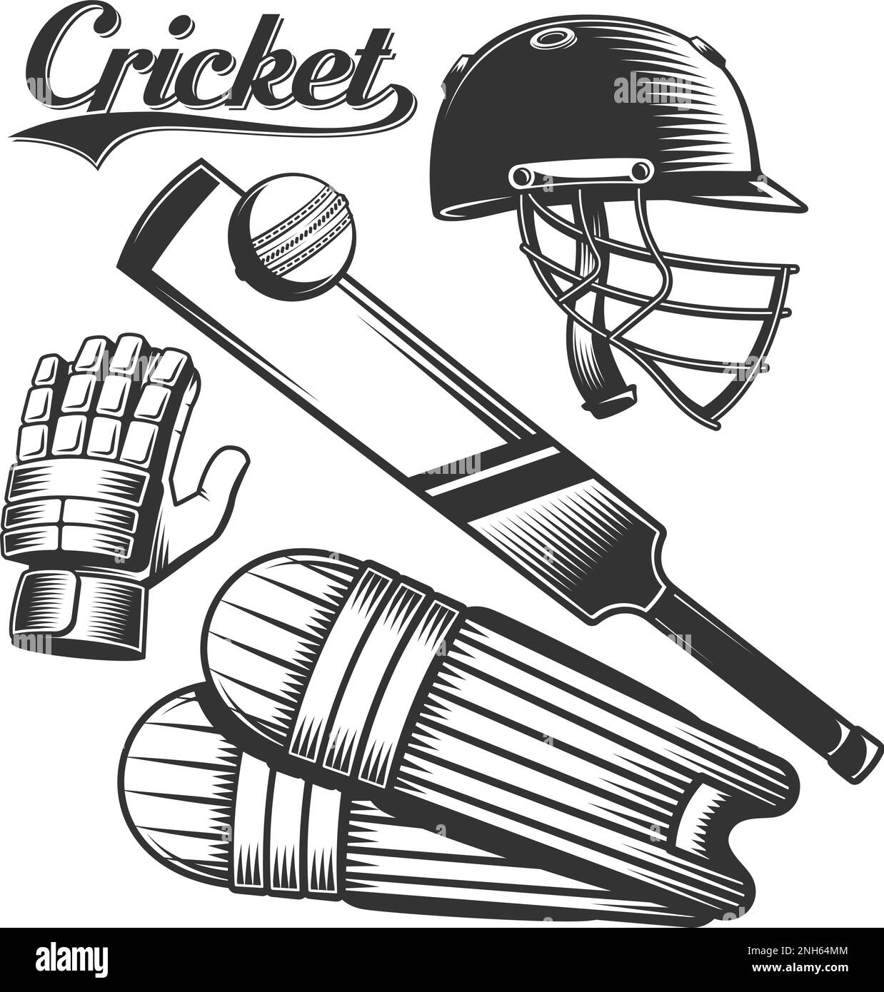 Set di attrezzature sportive da cricket Illustrazione Vettoriale