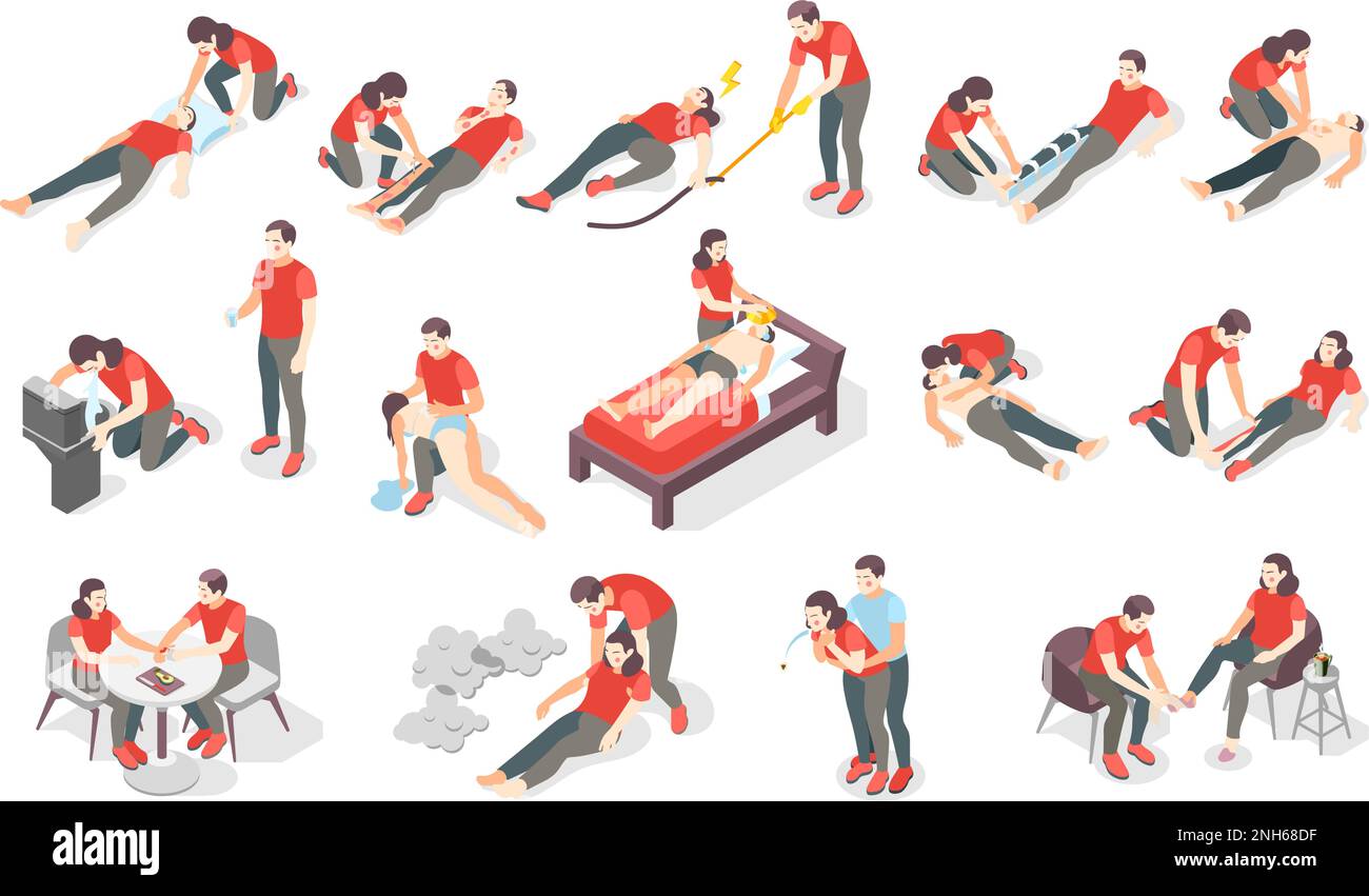 Operazioni di pronto soccorso serie isometrica di icone e caratteri umani che forniscono il trattamento di pronto soccorso alle persone illustrazione vettore Illustrazione Vettoriale