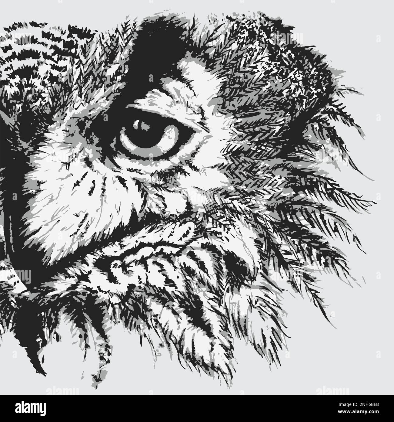 Vettore di schizzo line art bianco e nero OWL Ink monocromatico. Illustrazione Vettoriale