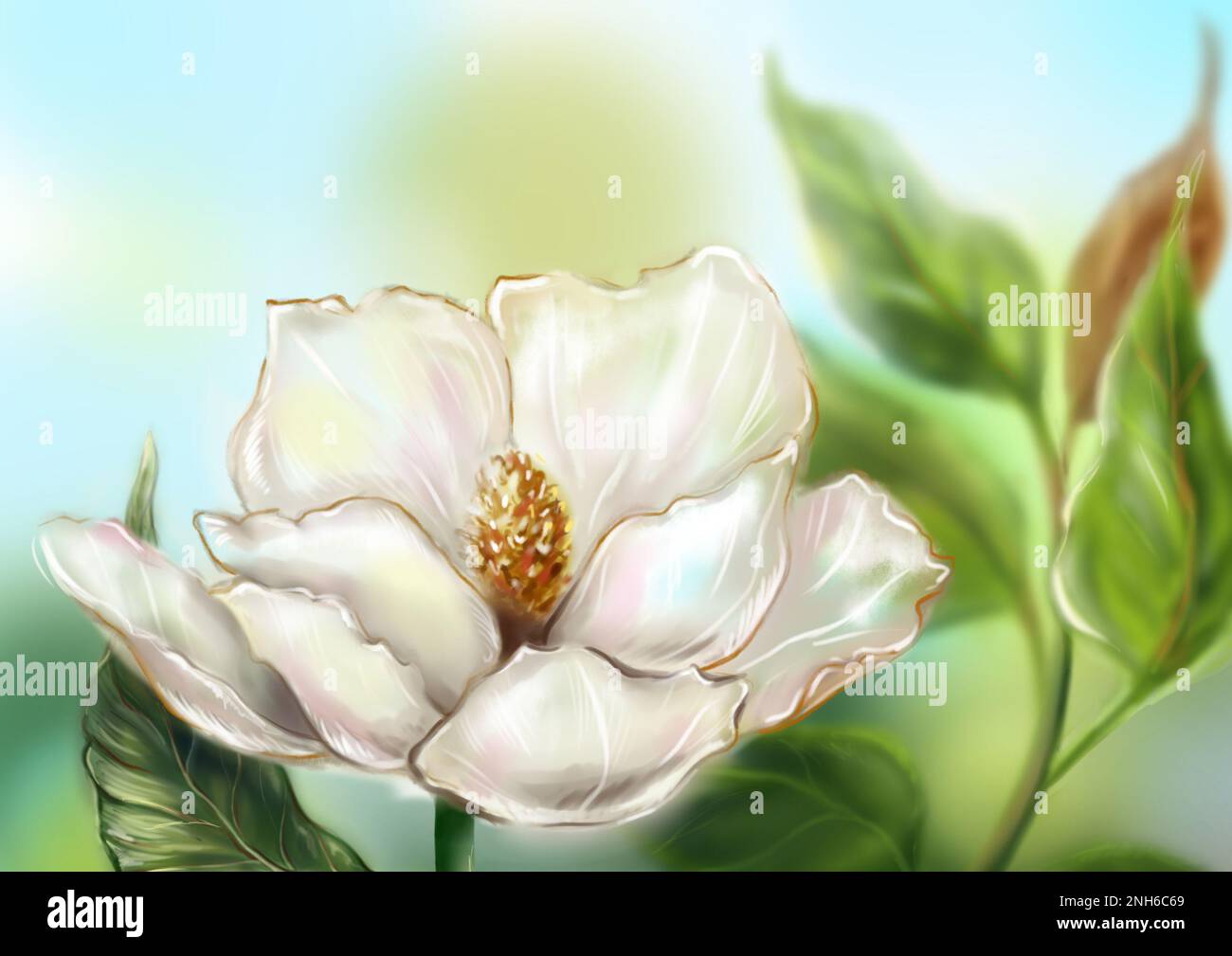 Bello bianco perla avorio magnolia fiore foglia ramo pianta albero cespuglio computer grafica digitale acquerello arte Foto Stock