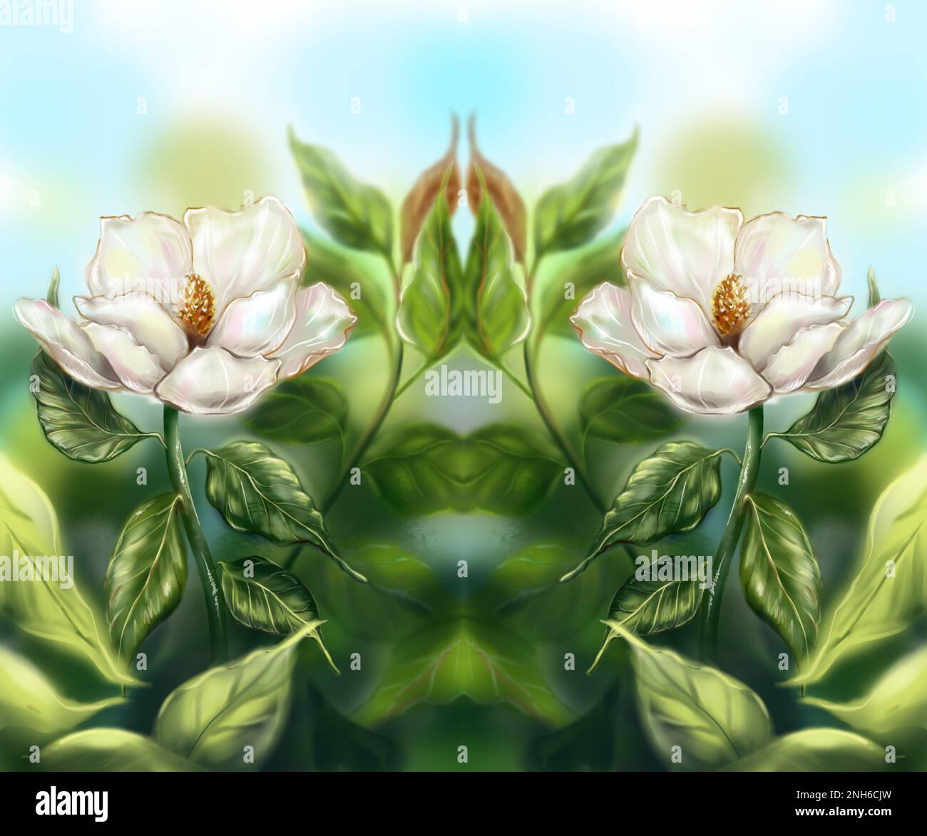 Bello bianco perla avorio magnolia fiore foglia ramo pianta albero cespuglio telaio sfondo computer grafica digitale acquerello arte Foto Stock