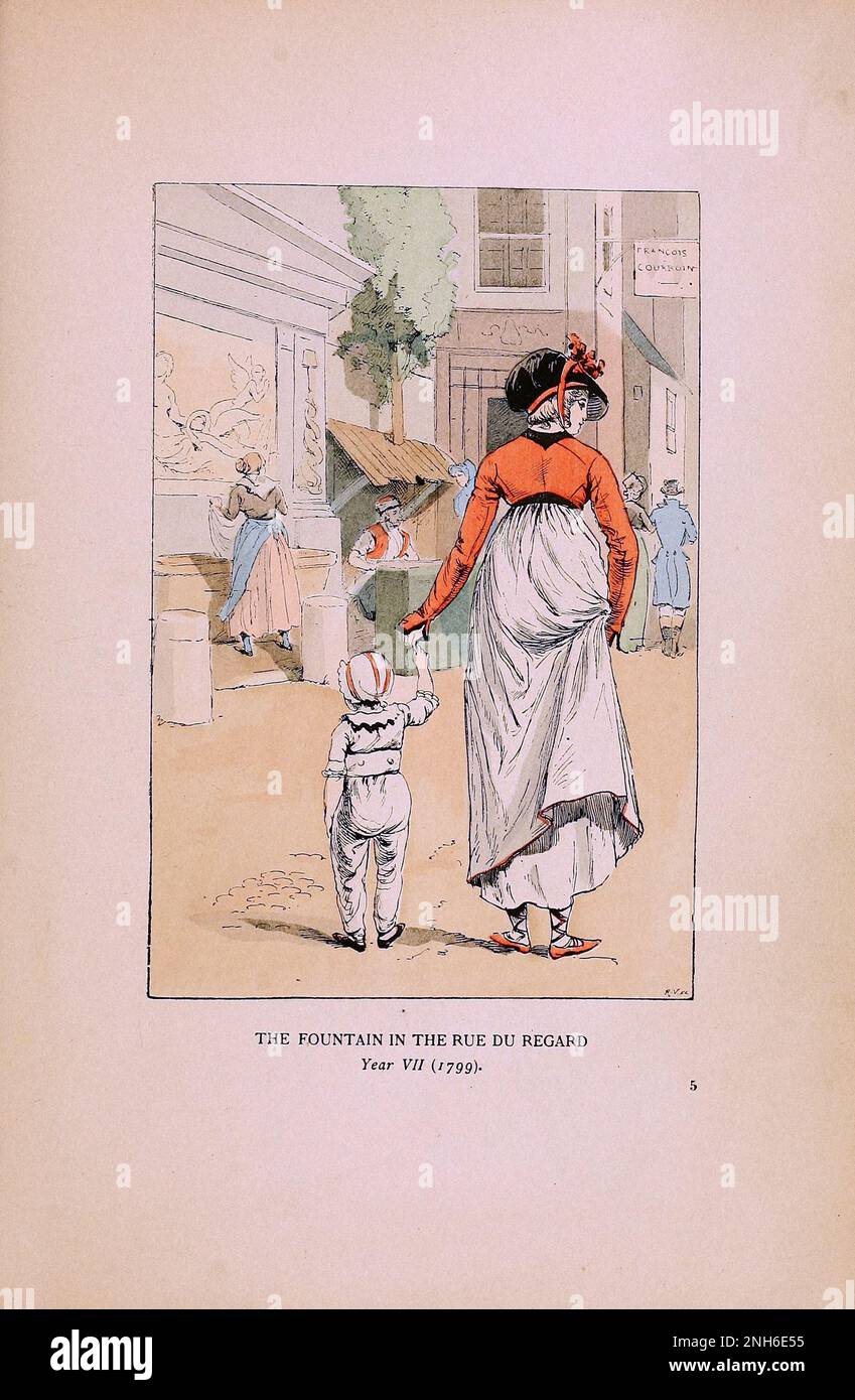 Moda vintage a Parigi. La Fontana in Rue du Regard. 1799. Le varie fasi del gusto femminile e dell'estetica dal 1797 al 1897 Foto Stock