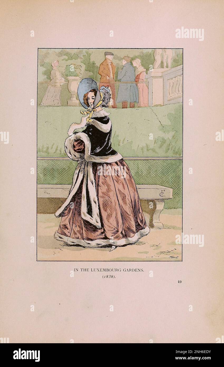 Moda vintage a Parigi. Nei Giardini di Lussemburgo, 1838. Le varie fasi di gusto ed estetica femminile dal 1797 al 1897 Foto Stock