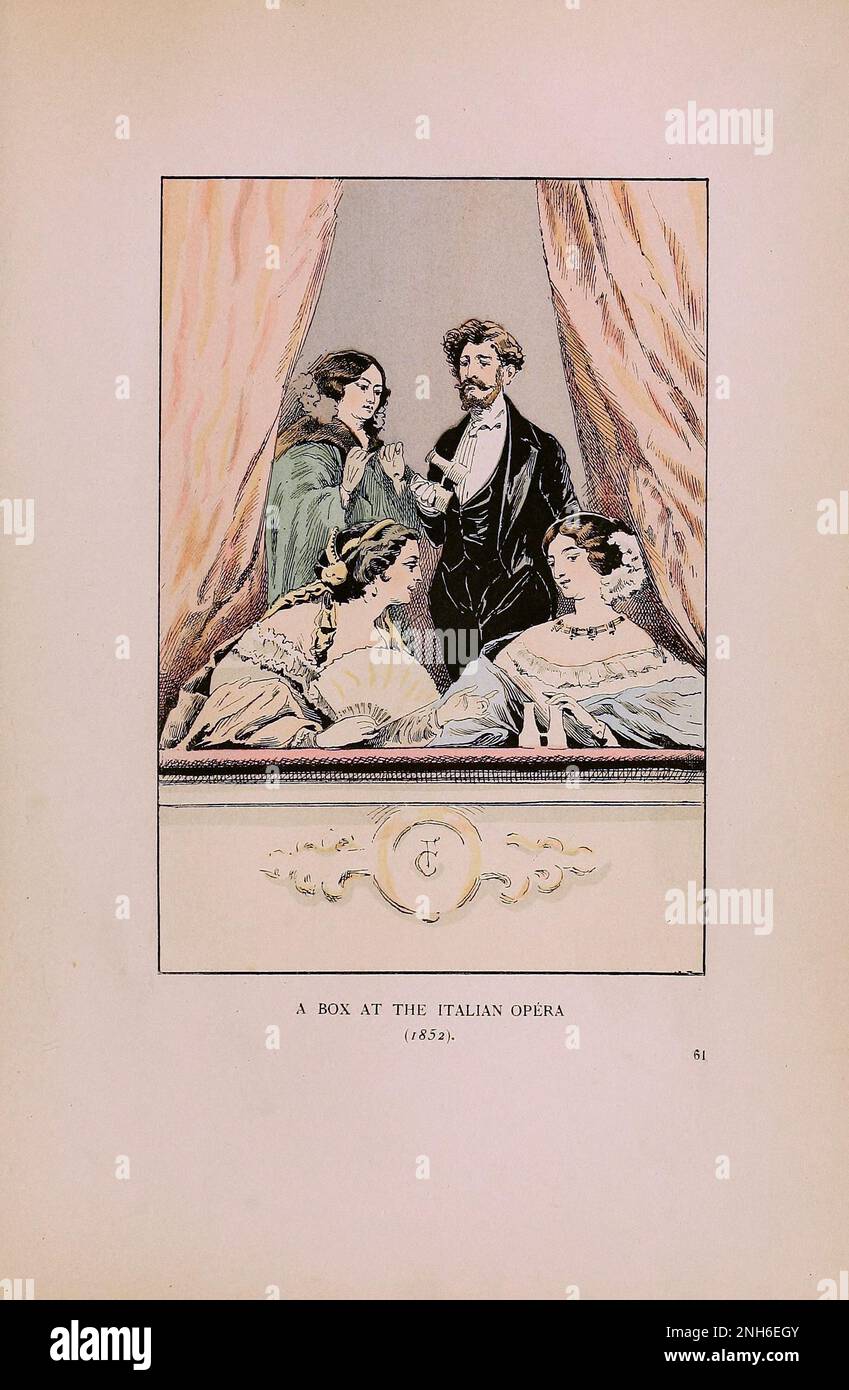 Moda vintage a Parigi. Un box all'Opera Italiana, 1852. Le varie fasi di gusto ed estetica femminile dal 1797 al 1897 Foto Stock