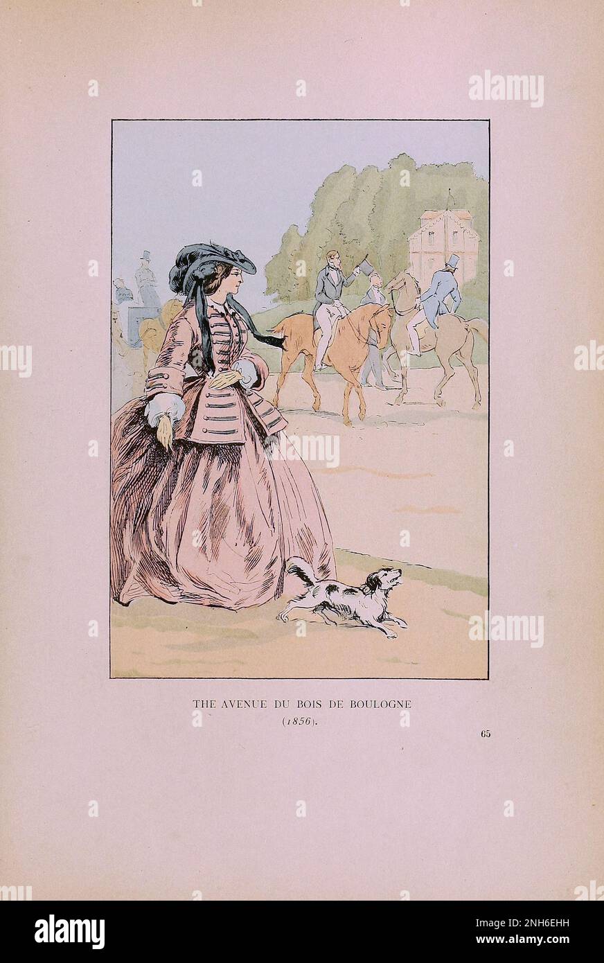 Moda vintage a Parigi. Avenue du Bois de Boulogne, 1856. Le varie fasi di gusto ed estetica femminile dal 1797 al 1897 Foto Stock