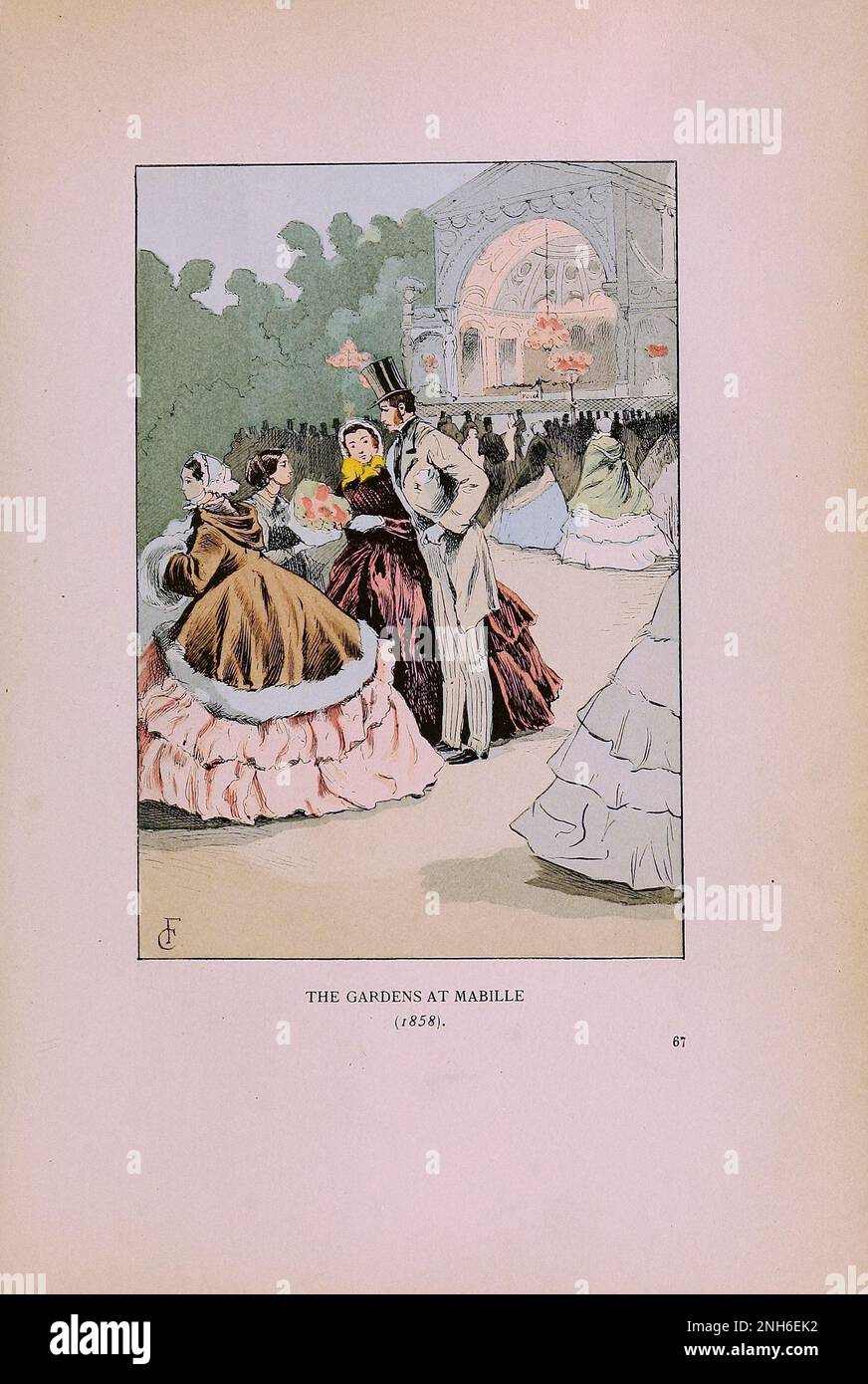 Moda vintage a Parigi. I Giardini di Mabille, 1858. Le varie fasi di gusto ed estetica femminile dal 1797 al 1897 Foto Stock