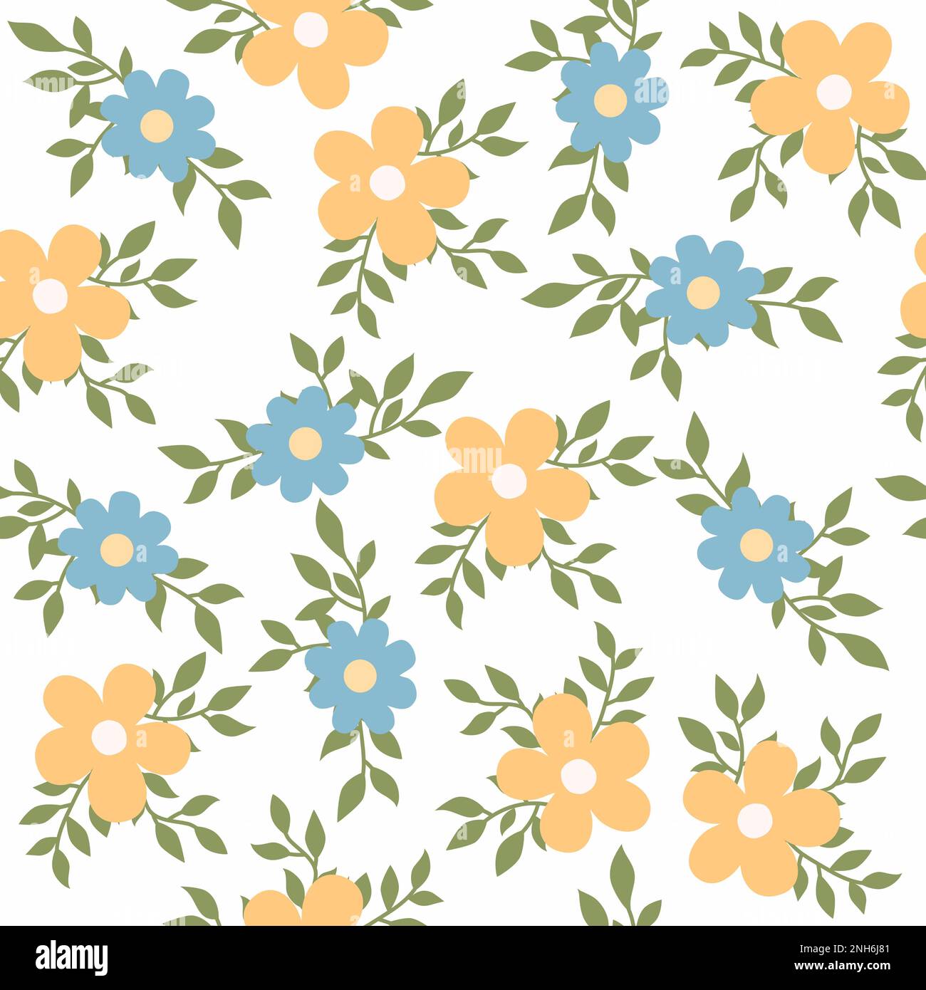Fiori blu e gialli con foglie su sfondo bianco. Semplice motivo floreale senza cuciture. Sfondo romantico. Illustrazione raster disegnata a mano. Foto Stock