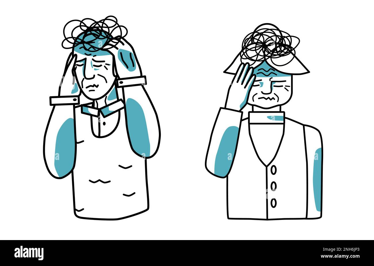 Uomo e donna anziani stressati, tenendo le mani sulla testa, gli occhi chiusi. Stress umore di nonno e nonna, linea d'arte, mezzo corpo disegno mano skecc Illustrazione Vettoriale