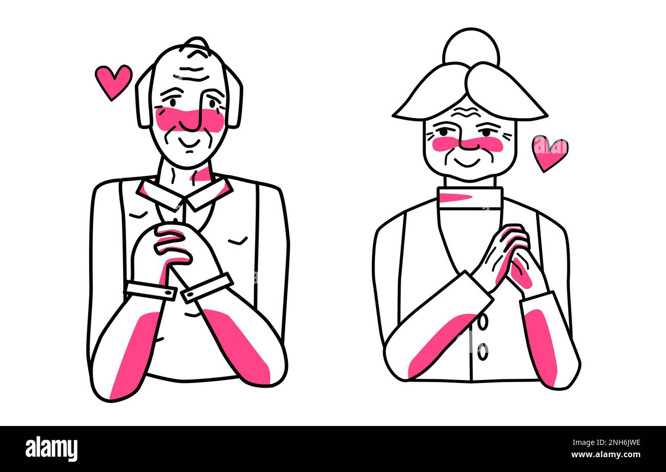 Timida vecchia donna e uomo innamorato, amata nonna e nonno. Disegno al tratto, stile di schizzo disegnato a mano con macchie rosa. Illustrazione Vettoriale