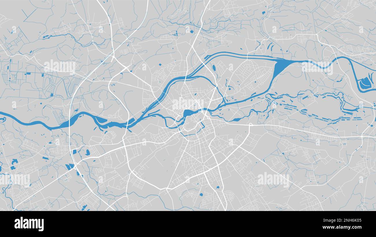 Oder mappa del fiume, città di Wroclaw, Polonia. Corso d'acqua, flusso d'acqua, blu su sfondo grigio Road map. Illustrazione vettoriale, silhouette dettagliata. Illustrazione Vettoriale