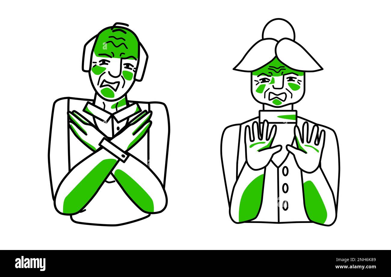 Vecchio uomo e donna con reazione di disgusto, nonno e nonna si coprono con le mani. Disegno della linea di stile dello schizzo con punti verdi. Illustrazione Vettoriale