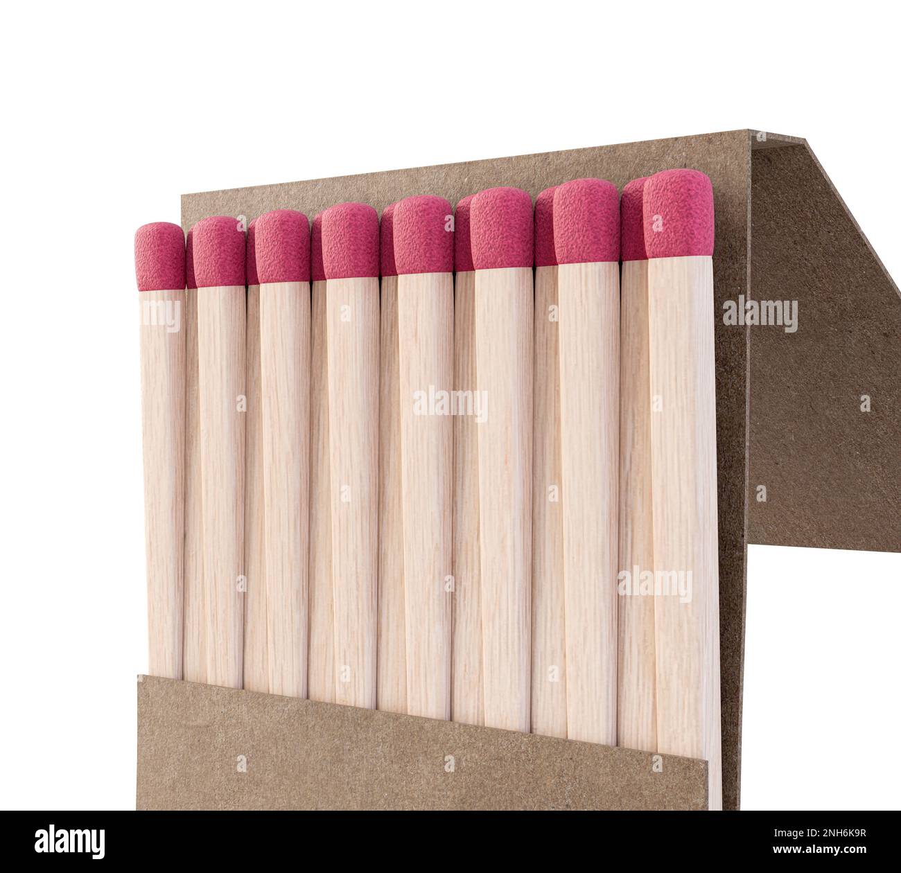 Un libro aperto di fiammiferi realizzati con legno con punte rosa in un generico libro di cartone bianco senza marchio su uno sfondo isolato - rendering 3D Foto Stock