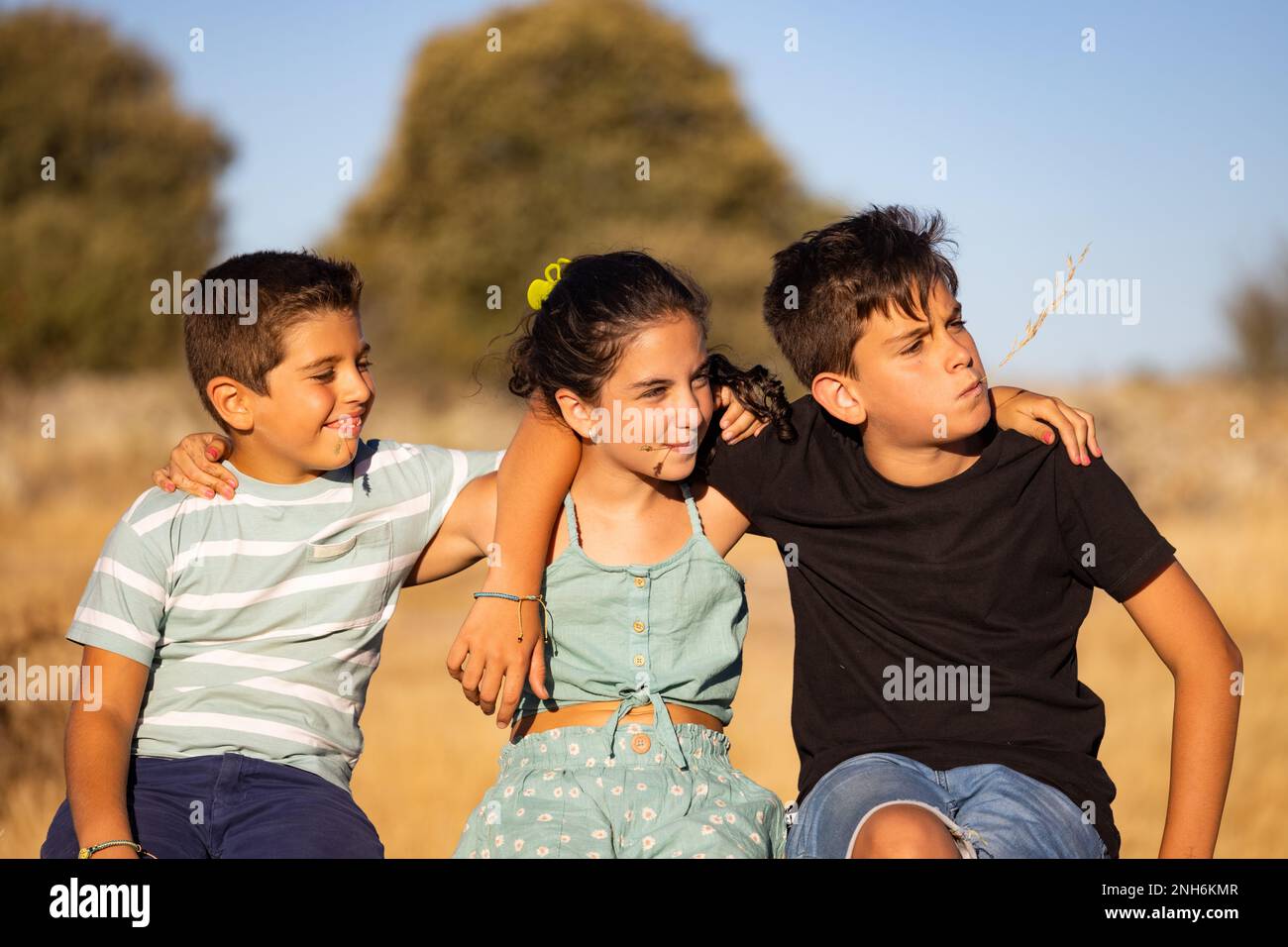 Tre bambini si godono la loro vacanza estiva in campagna Foto Stock