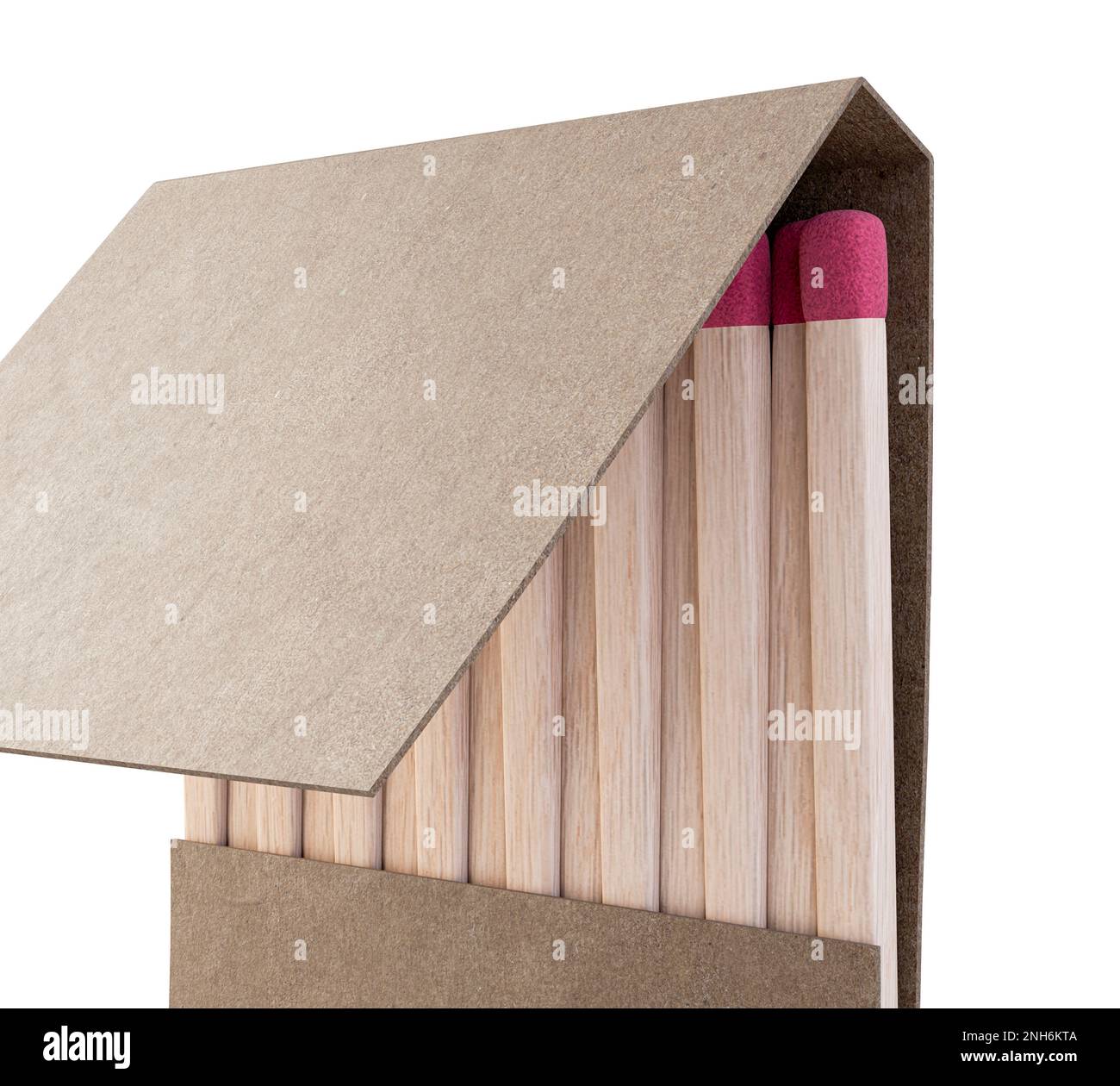 Un libro aperto di fiammiferi realizzati con legno con punte rosa in un generico libro di cartone bianco senza marchio su uno sfondo isolato - rendering 3D Foto Stock