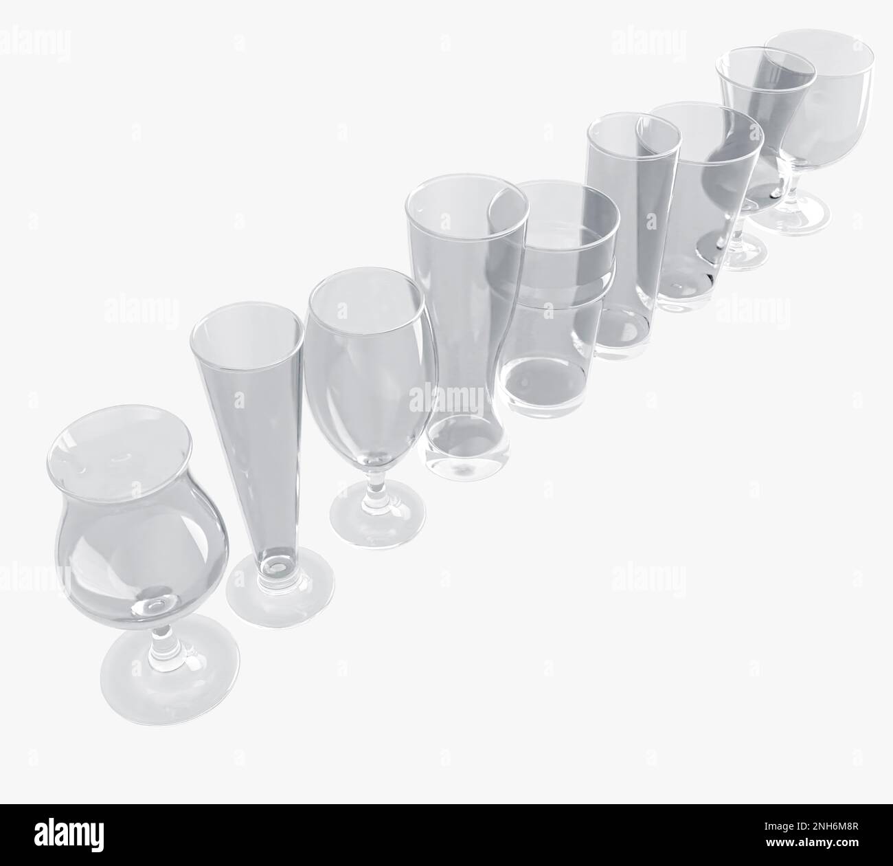 Vari bicchieri da pinta di birra sagomati su sfondo isolato - Rendering 3D Foto Stock