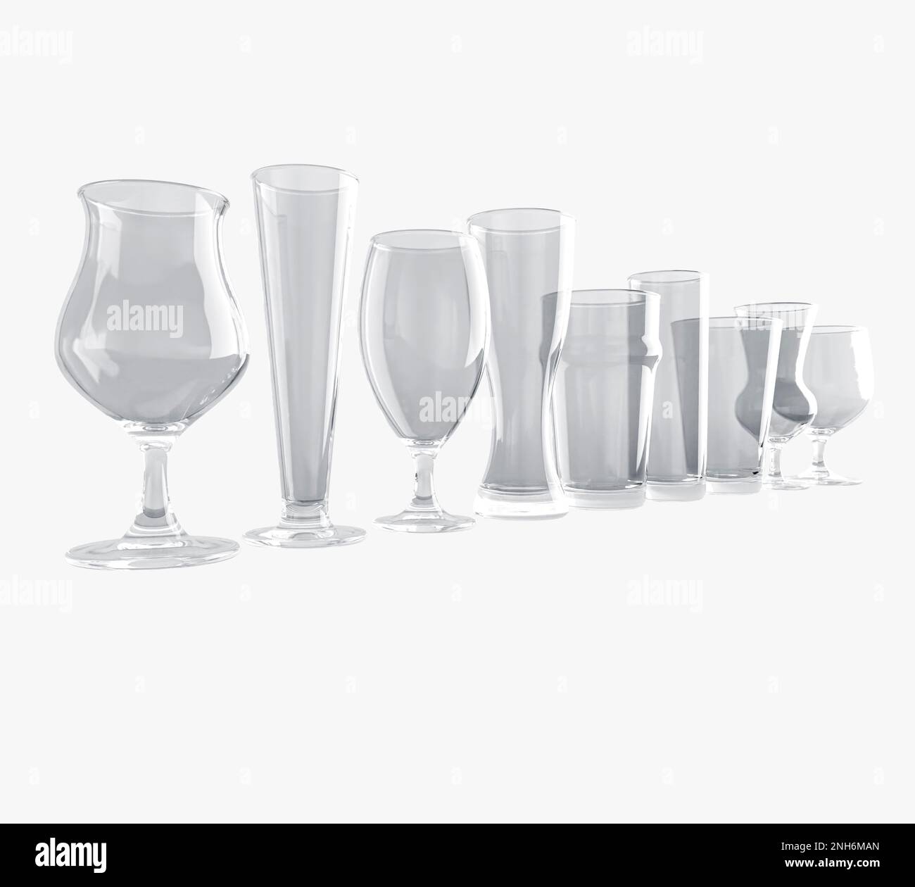 Vari bicchieri da pinta di birra sagomati su sfondo isolato - Rendering 3D Foto Stock