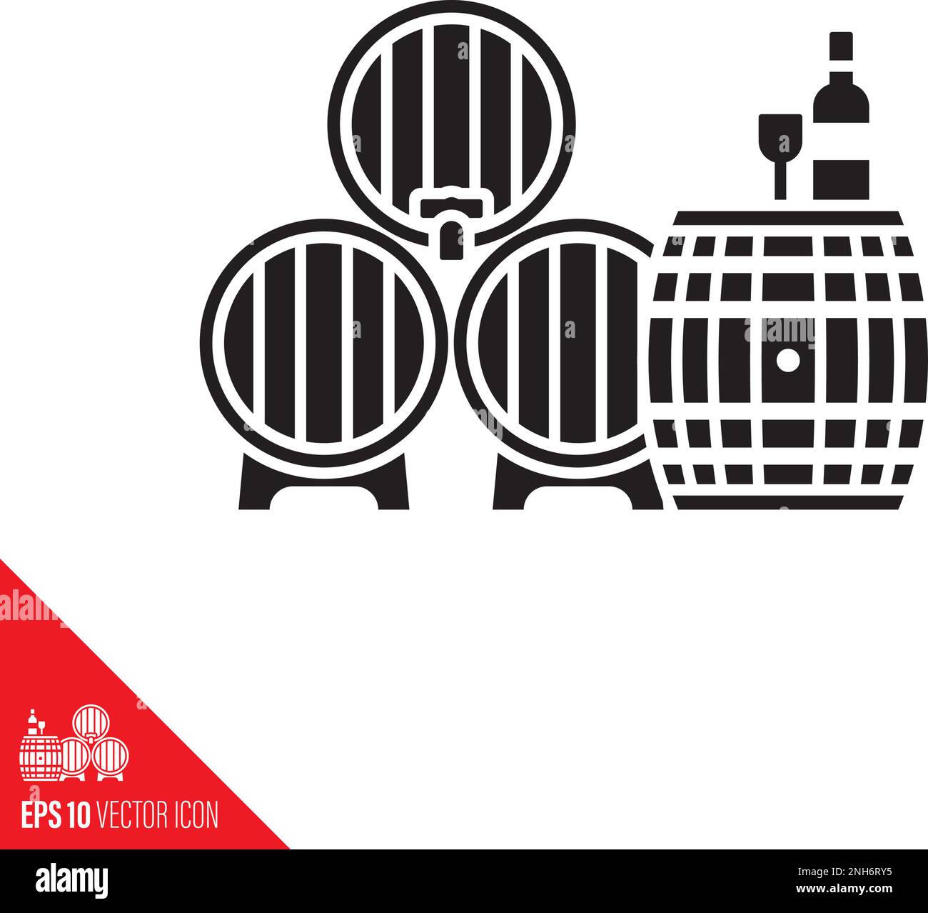 Concetto di degustazione di vino glyph icona vettore. Barili di vino, bottiglia e vetro simbolo. Illustrazione Vettoriale