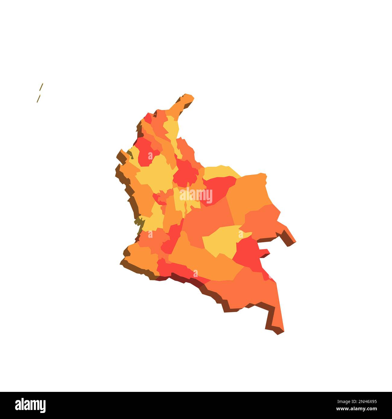 Colombia mappa politica delle divisioni amministrative - dipartimenti e distretto della capitale. Mappa 3D in tonalità di colore arancione. Illustrazione Vettoriale