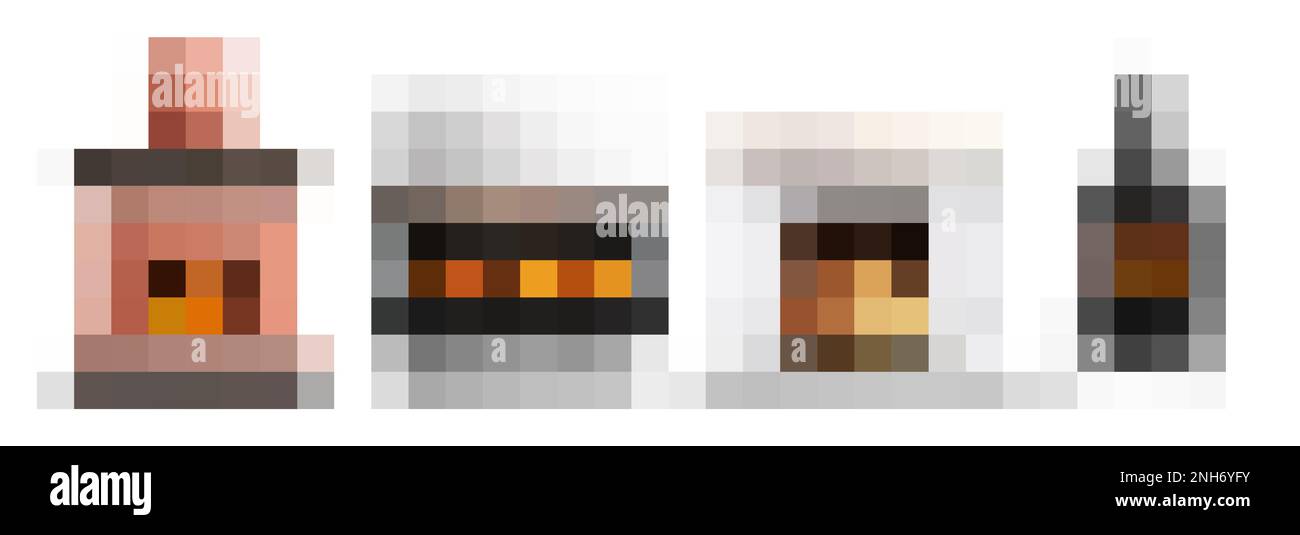 Camino insieme realistico con quattro disegni isolati di camino domestico con fuoco che brucia su illustrazione vettoriale di fondo vuota Illustrazione Vettoriale