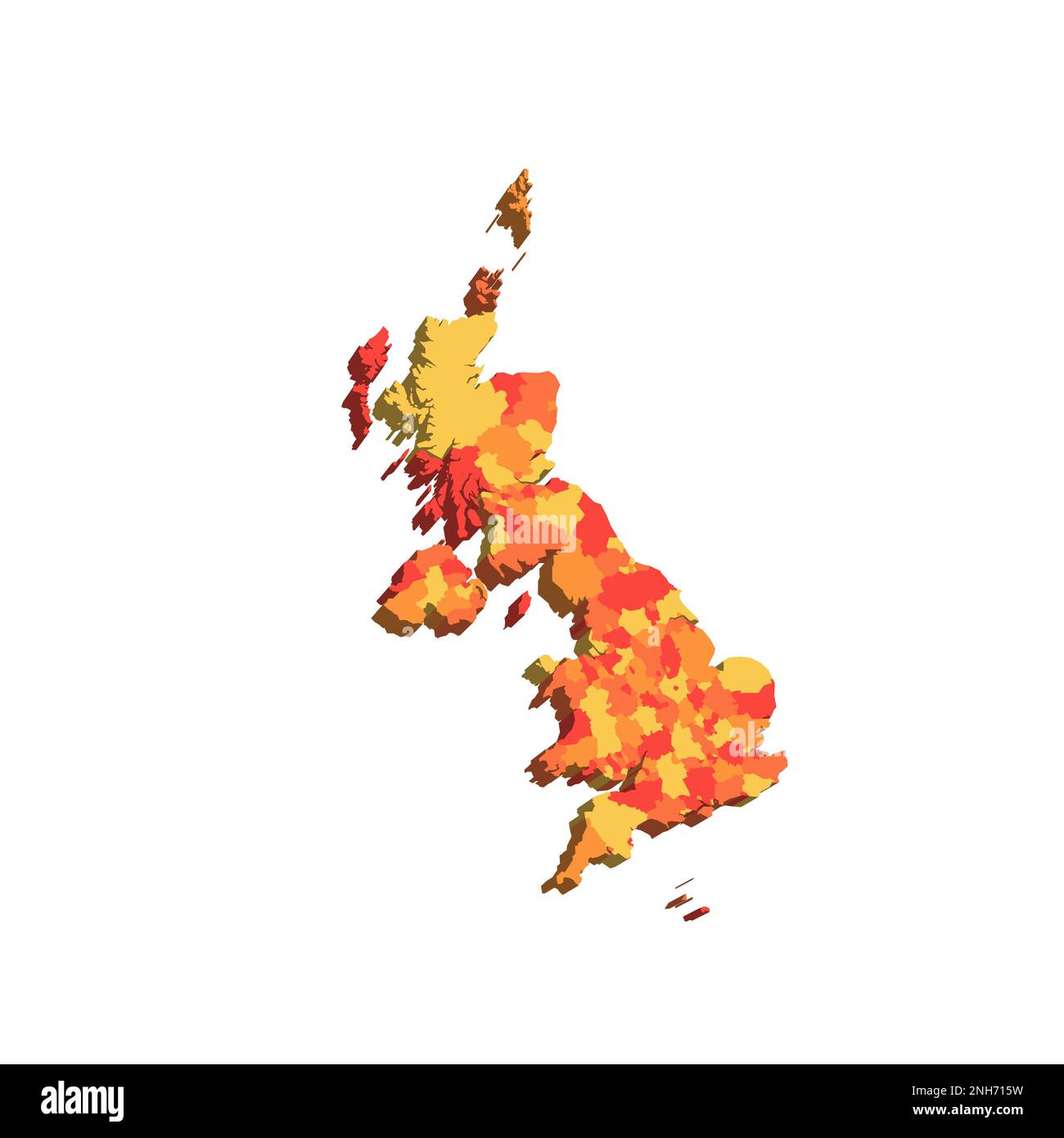 Regno Unito di Gran Bretagna e Irlanda del Nord Mappa politica delle divisioni amministrative: Contee, autorità unitarie e Greater London in Inghilterra, distretti dell'Irlanda del Nord, aree del consiglio della Scozia e contee, distretti e città del Galles. Mappa 3D in tonalità di colore arancione. Illustrazione Vettoriale