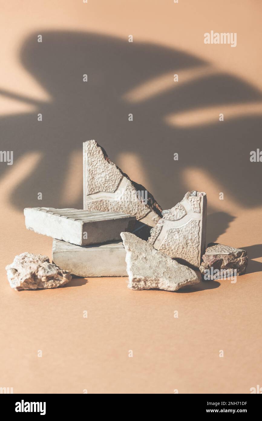 Display del prodotto. Piattaforma rocciosa. Piedistallo naturale. Pezzi di pietra di cemento rotto composizione foglia di palma ombra su beige spazio vuoto sfondo promozionale Foto Stock