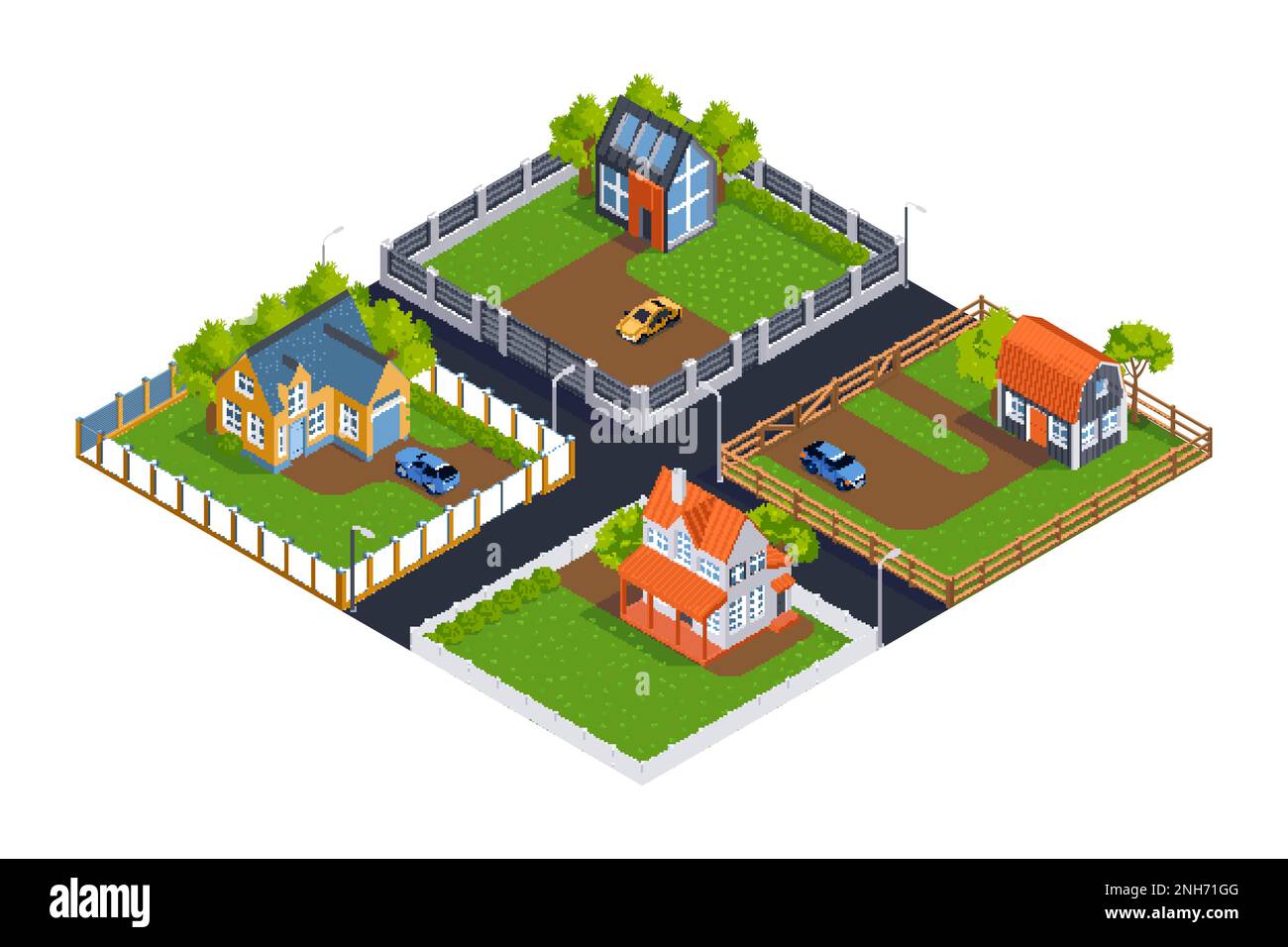 Composizione isometrica del villaggio suburbano con case private circondate da diverse recinzioni vettoriali Illustrazione Vettoriale