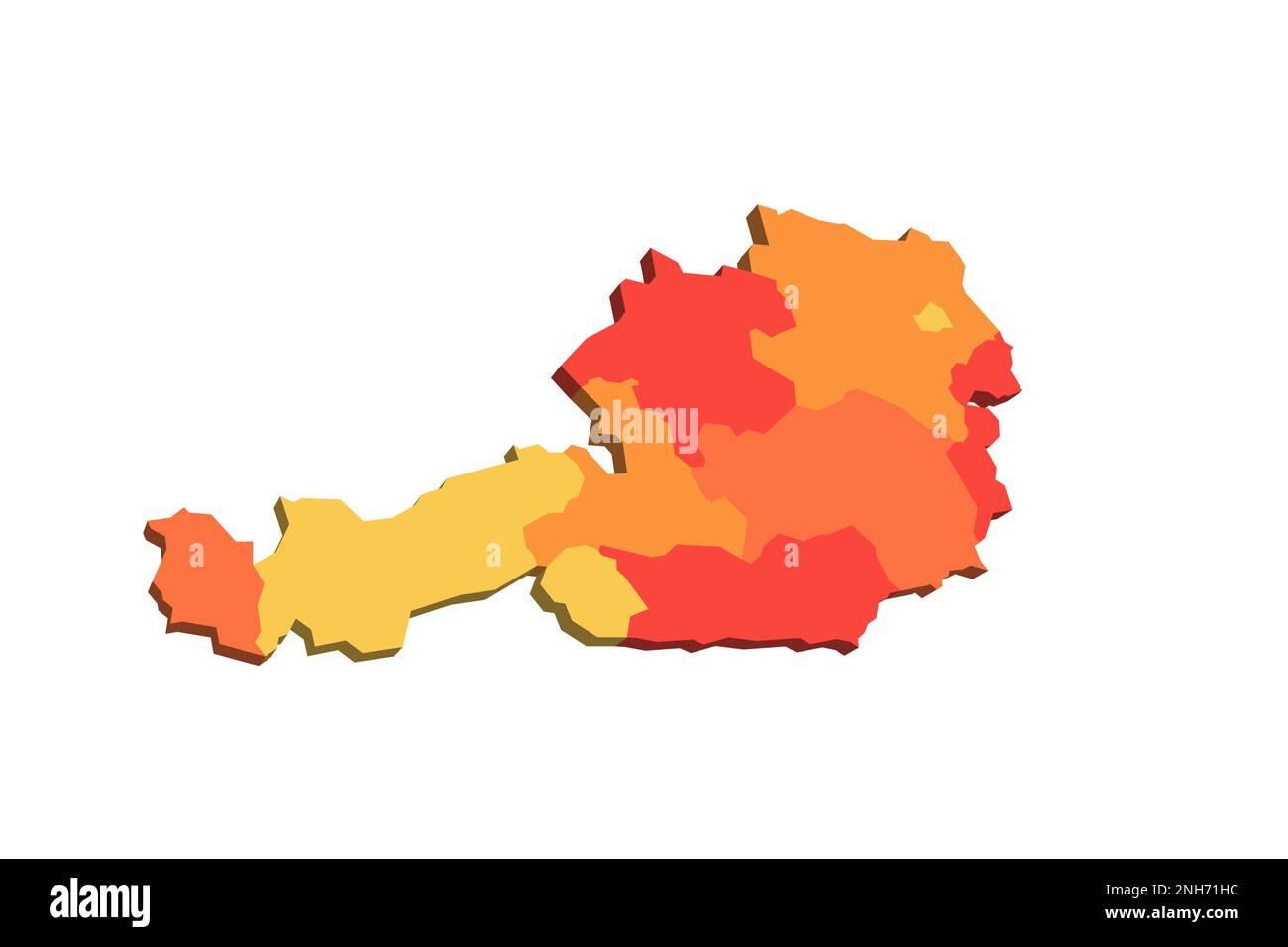Austria carta politica delle divisioni amministrative - stati federali. Mappa 3D in tonalità di colore arancione. Illustrazione Vettoriale