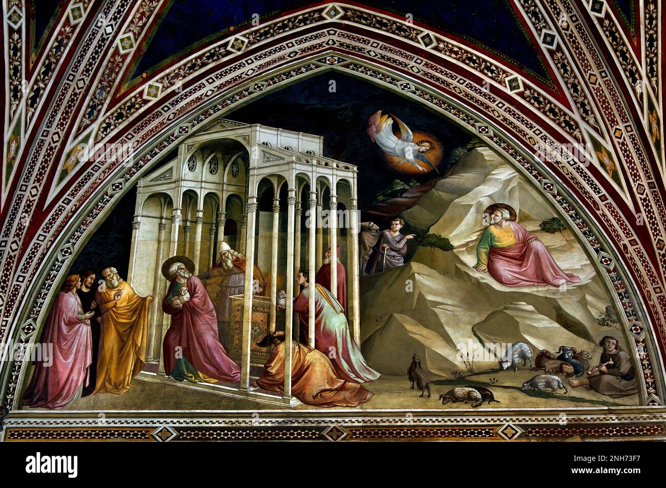 Espulsione di Gioacchino dal Tempio c. 1330 fresco Cappella Baroncelli, Chiesa e Museo di Santa Croche, di Leon Battista Alberti 1470 Firenze Italia (Basilica di Santa Croce chiesa francescana di Firenze, Italia. E Piazza di Santa Croce, Toscana Italia, sepolture: Michelangelo, Galileo Galilei, Niccolo Machiavelli, Architetti, Filippo Brunelleschi, Arnolfo di Cambio, Niccolo Matas, Inizio costruzione,1294 ) Foto Stock