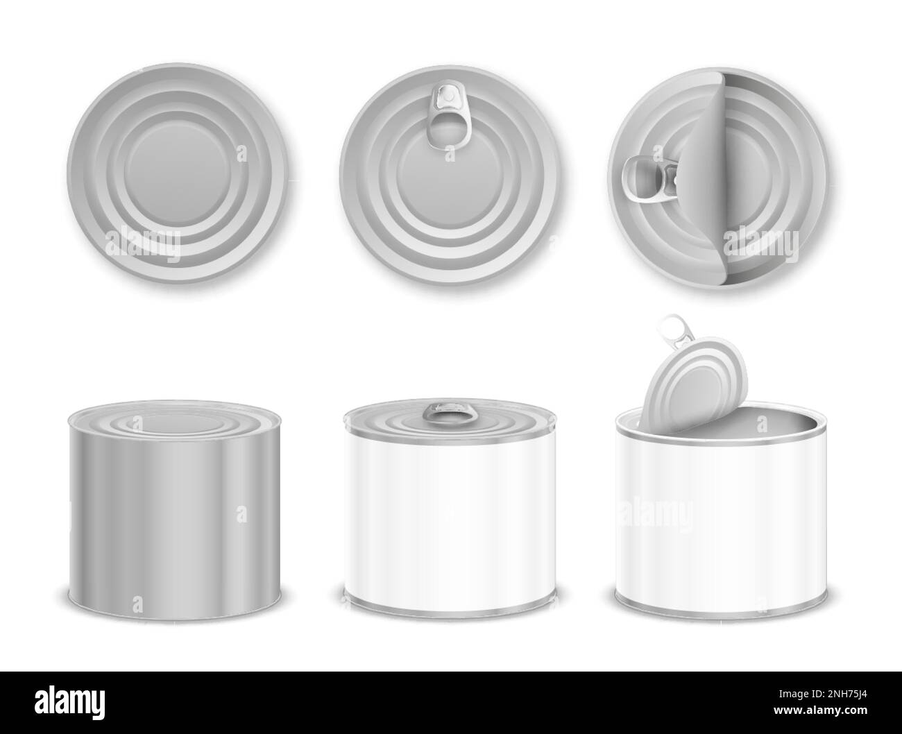 Barattoli vuoti in stagno di alluminio a forma di cilindro con e senza anelli di trazione Set realistico illustrazione vettoriale isolata Illustrazione Vettoriale