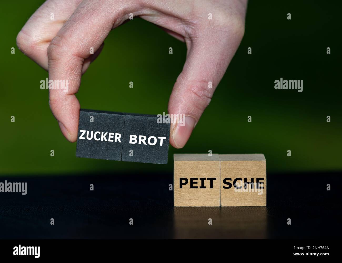 Simbolo per la decisione tra una ricompensa o una punizione. I cubetti formano le parole tedesche «Zuckerbrot und Peitsche» (bastone o carota). Foto Stock