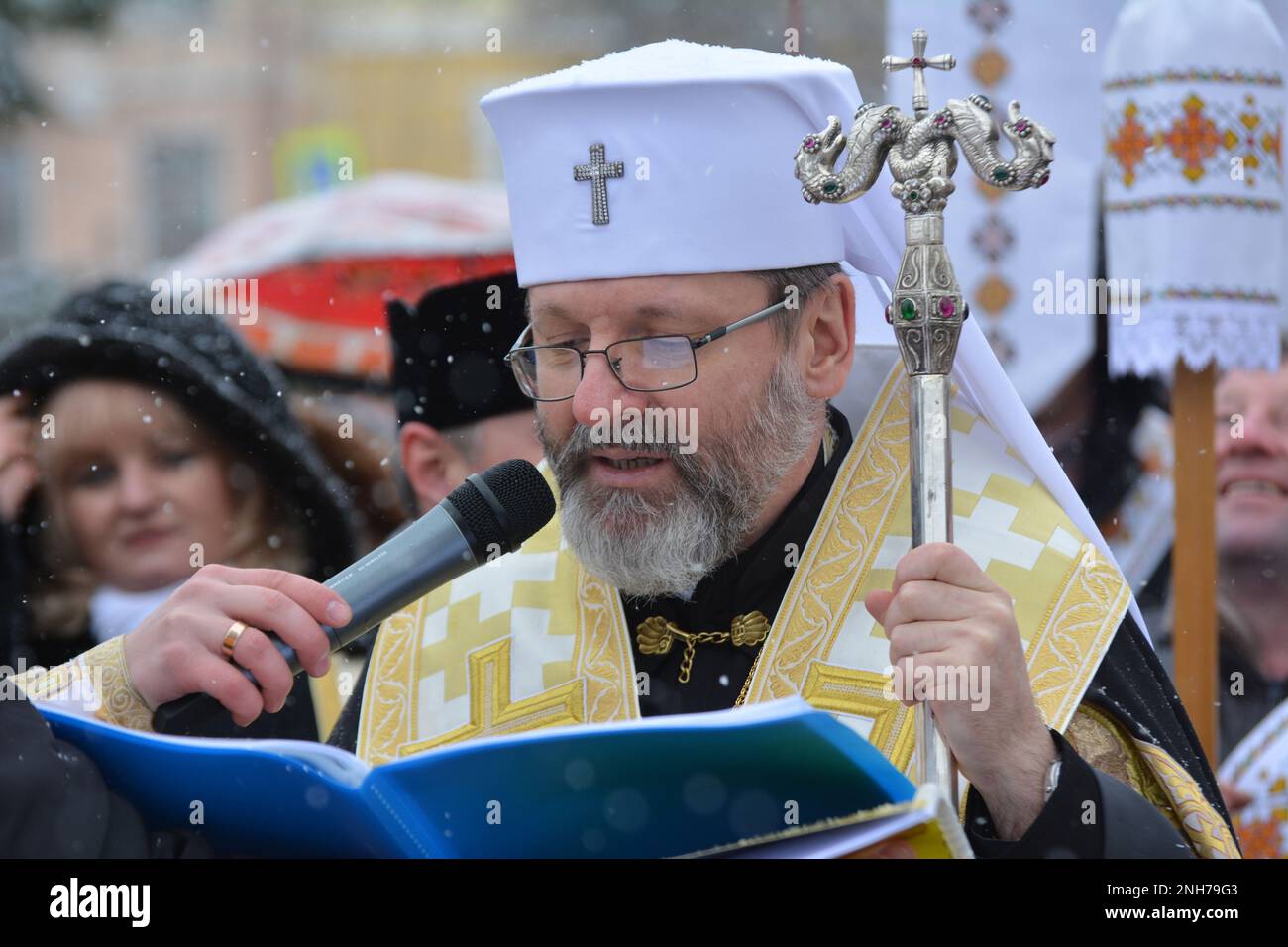 Chortkiv - Ternopil - Ucraina - 4 febbraio 2023. Il Capo dell'UGCC, sua Beatitudine il Patriarca Sviatoslav, ha visitato la Cattedrale di Chortko Foto Stock