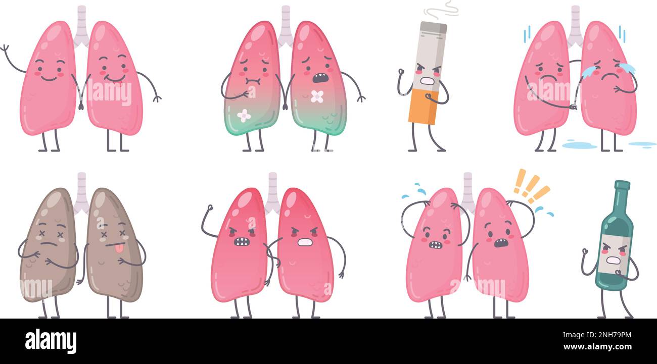 Personaggi di organi umani cartoni animati con immagini isolate di polmoni umani con bottiglia di alcool e illustrazione di vettore di sigaretta Illustrazione Vettoriale