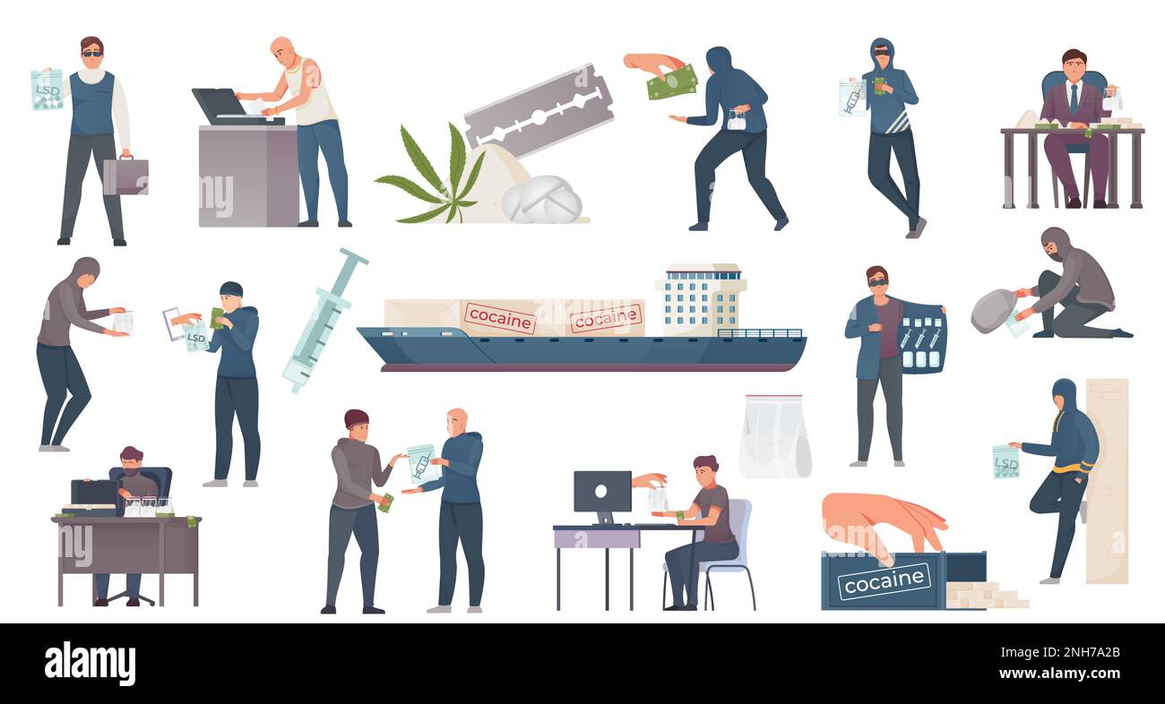 Set piatto di simboli del commercio di droga commercianti e clienti con siringhe pillole in polvere isolato su sfondo bianco vettore illustrazione Illustrazione Vettoriale