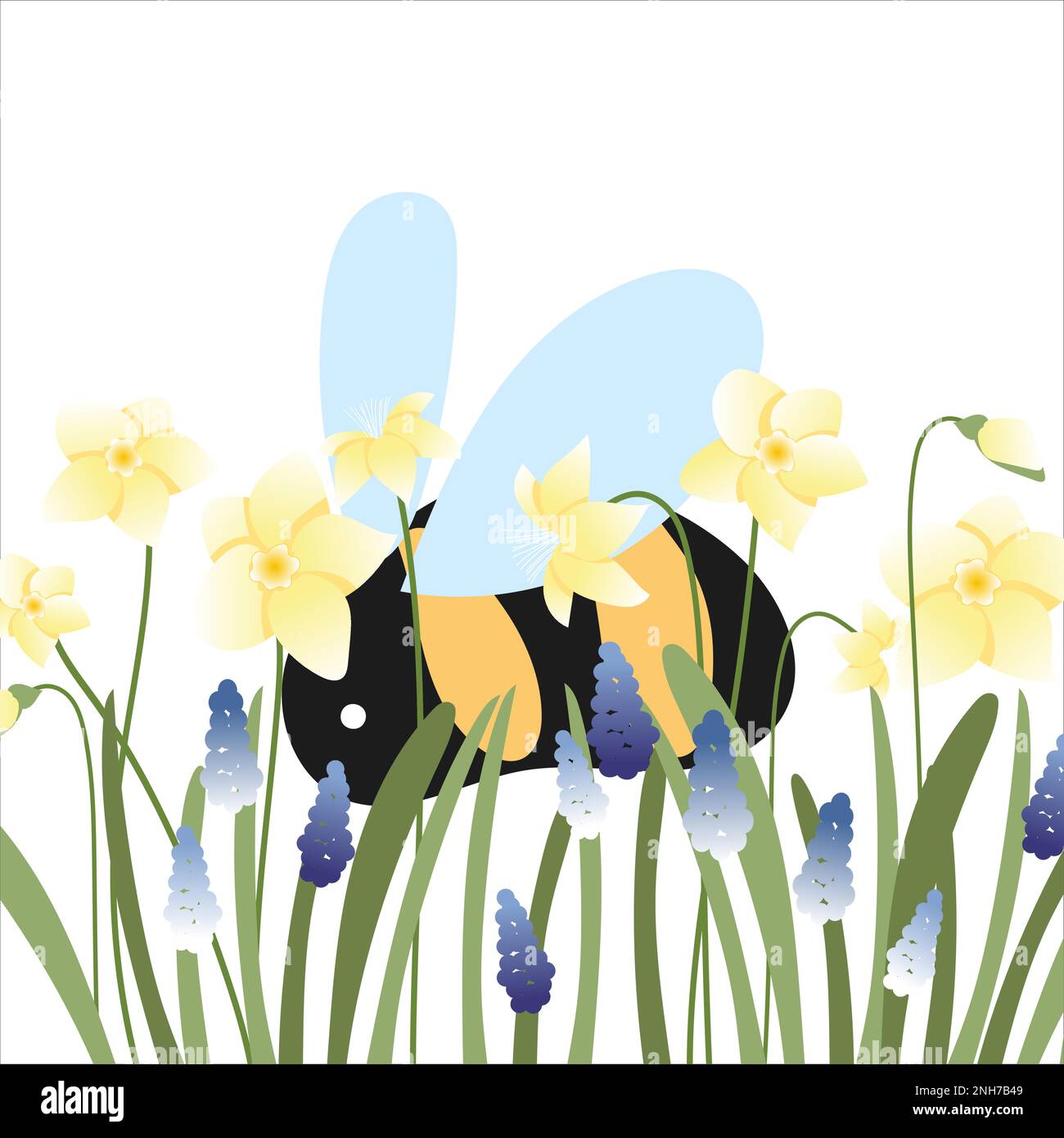 cartolina primaverile con bumblebee. Animale fiorito con sfondo floreale Narciso Illustrazione Vettoriale