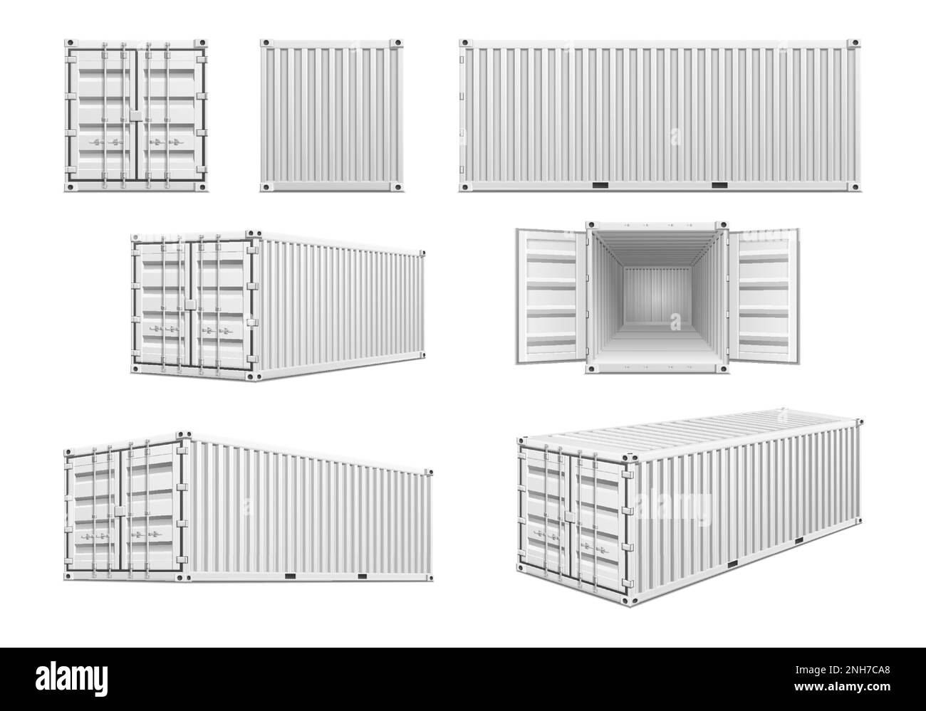 Contenitore di carico in metallo bianco da diverse angolazioni rappresentazione realistica del vettore isolato Illustrazione Vettoriale