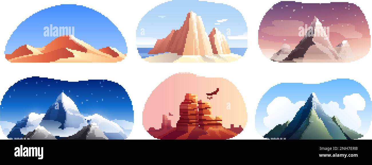 Montagne rocce paesaggi set con scenario piatto di creste di montagna e cinere da varie zone climatiche vettore illustrazione Illustrazione Vettoriale